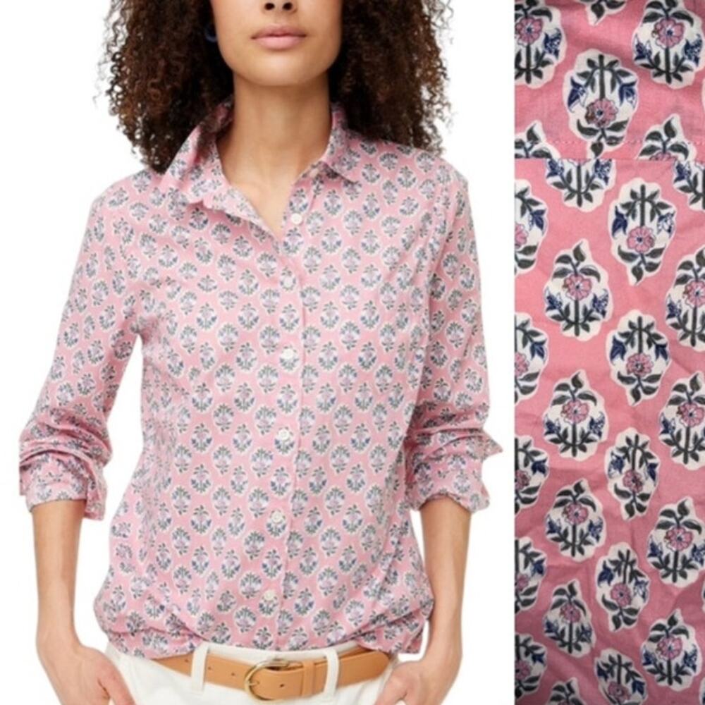 J. Crew Floral Print Lightweight Cotton Signature Fit Button Down Shirt Pink M